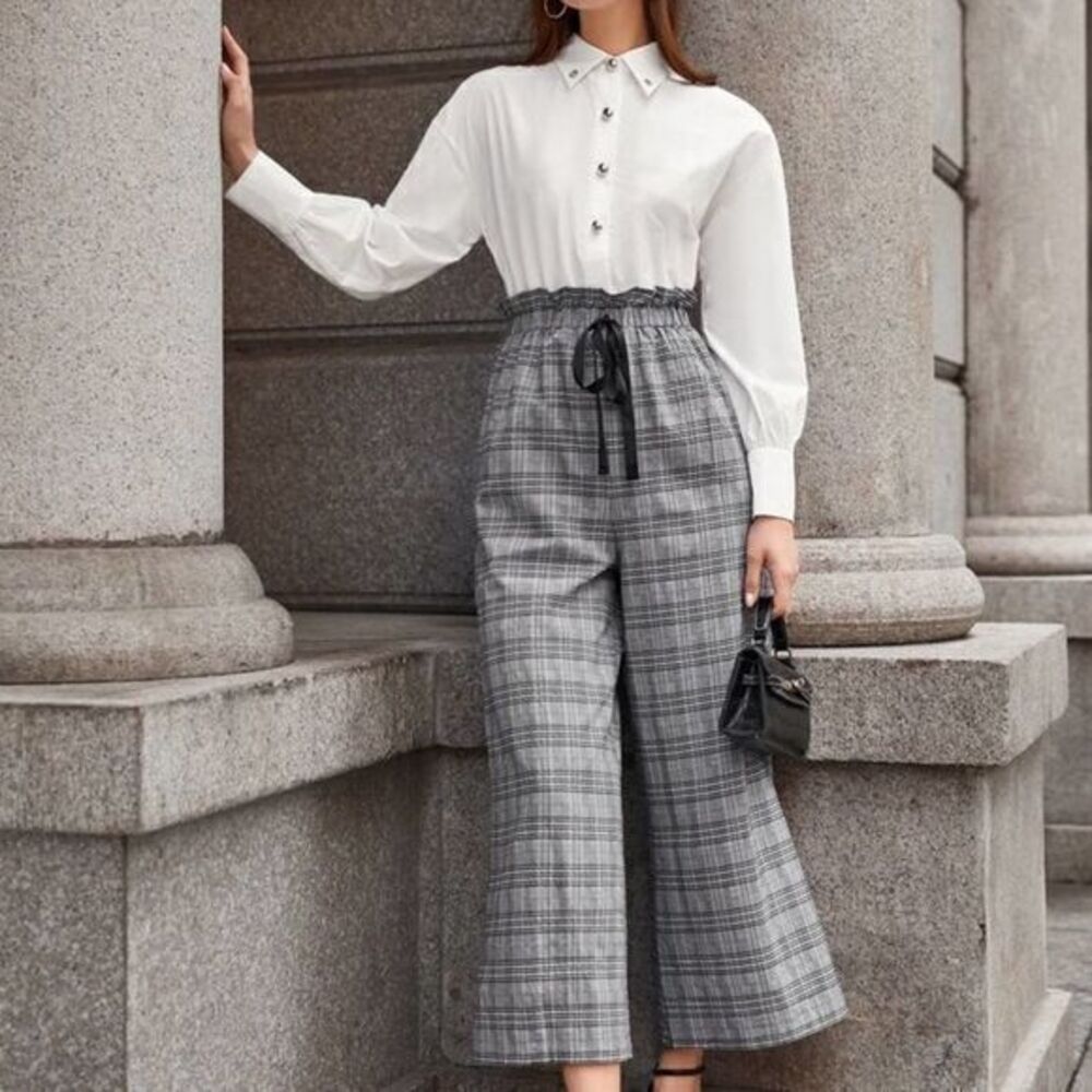 Ladies Plaid Button-Front Paper Bag Waist Wide Jumpsuit MEDIUM